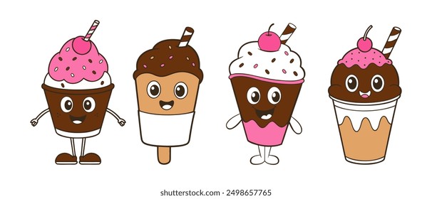 Ice cream set in cartoon style, isolated on a white background.
