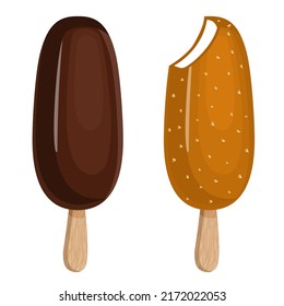 Ice cream set with chocolate and caramel icing. Vector illustration of summer sweets.