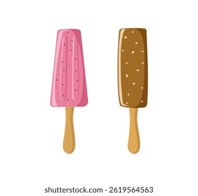 Ice cream set, chocolate and fruit. Summer cold, frozen juice, fruit ice, food. Color illustration, cool dessert. Background isolated.