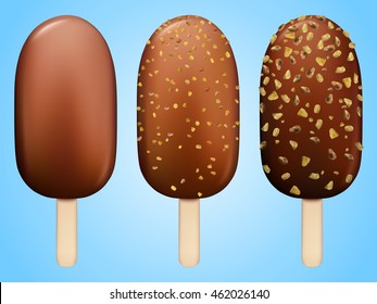 Ice cream set. Chocolate with nuts ice creams on a stick. Sweet dessert for kids. Cocoa, vanilla, almonds and hazelnuts gelatos collection. Vector for menu design or food posters and summer banners.