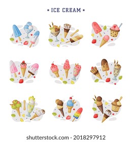 Ice Cream Set, Cold Sweet Tasty Desserts of Different Flavors Cartoon Vector Illustration