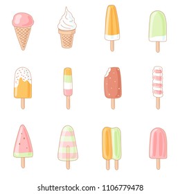 Ice cream set. Collection of 12 vector hand drawn illustrations isolated on white.