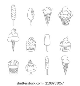 Ice cream set. Collection of 12 doodle ice cream illustrations. Vector 10 EPS.