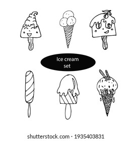 Ice cream set, collection candy with face, smile, eyes and smudges isolated on the white background for menu cafe, bar, children food, restaurant	