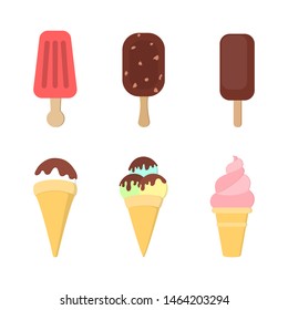 Ice cream set. Collection of delicious dessert. Tasty ice cream with topping. Cold snack. Isolated flat vector illustration