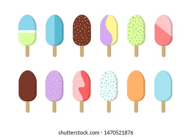 Ice cream set. Collection of delicious dessert. Tasty ice cream with topping. Cold snack. Isolated flat vector illustration