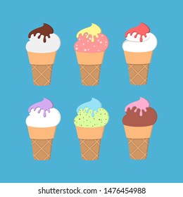 Ice cream set. Collection of delicious dessert. Tasty ice cream with topping. Cold snack. Isolated flat vector illustration