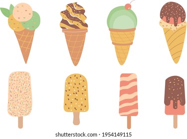 Ice cream set. Ice cream collection with different topping. Flat design. Isolated on a white background.