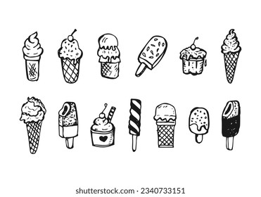 Ice cream set collection hand-drawn doodle cartoon vector icon element.