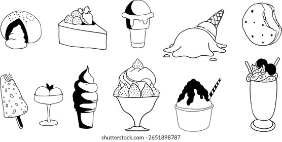  conjunto de sorvete coleção, sem colheres moo, delícia de verão, legal, tinta ilustração de sorvete, desenhado à mão, menu de elemento de design, carrinho de alimentos, design de fundo de sorvete.