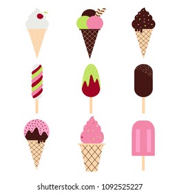 Ice cream set collection, vector illustration. Popsicles and cones, decoration and colors