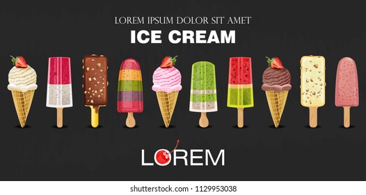 Ice cream set collection Vector realistic. Summer exotic fruits and berry flavors. Product packaging. Label menu dessert banners