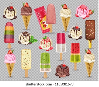 Ice cream set collection Vector realistic. Fruits, vanilla and chocolate flavors. Detailed 3d illustrations