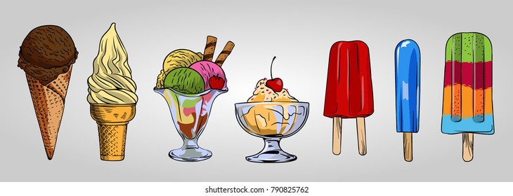 Ice Cream Set In Color. Line Art Vector Illustration.