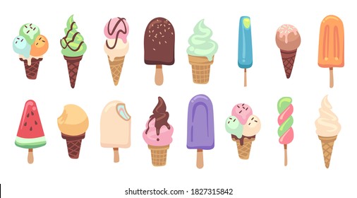 Ice cream set. Colorful cartoon kids frozen creamy desserts and sundae. Waffles cones vanilla, ice lolly scoops cake, topping chocolate and milk brown yellow green and red popsicle flat vector set