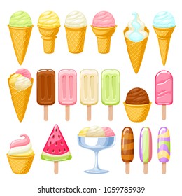 Ice cream set. Colorful ice-cream cones and popsicles. Vector sweets.