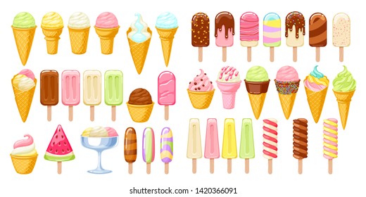 Ice cream set. Colorful ice-cream cones and popsicles. Vector sweets.