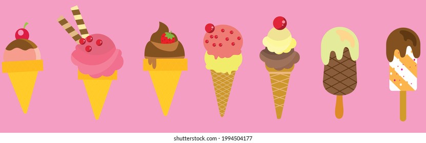 Ice cream set. Colorful ice-cream cones and popsicles.
