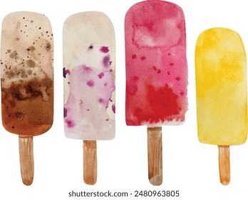 Ice cream set. Colorful ice-cream popsicles, watercolor illustration in vector. Cartoon sweets dessert. Template for background, banner, card, poster. July is National Ice Cream Month. Holiday concept