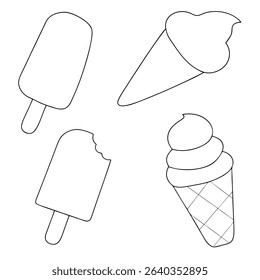 Ice cream set coloring page simple and minimal line art illustration on white background