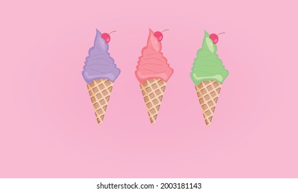  Ice cream set. Ice cream cone with cherries. Summer and cool. Poster, banner, poster and ice cream cone.