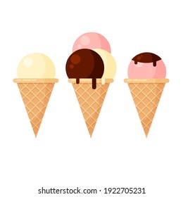 Ice cream set in a cone with different fillings in trendy cartoon style. Ice lolly collection. Vector illustration isolated on white background for web design or print.