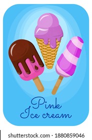 ice cream set, ice cream cone, ice cream on a stick in cartoon style, blue background, sweet ice cream, vector illustration, pink