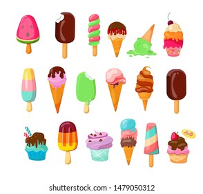 Ice cream set. Cone, popsicle, lolly pop, chocolate, wafle. Sweet food concept. Vector illustrations can be used for dessert, summer, party