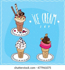 Ice cream set contains different waffle cones with vanilla or fruit and chocolate ice cream, with berries, chocolate chips and cookies. Handmade cartoon style