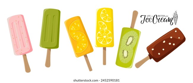 Ice cream set. Creamsicle popsicle. Sweet delicious frozen summer dessert. Fruit ice cream. Flat vector Illustration for design, poster, banner, menu. Toothpick ice cream. Summer Sweet Fast Food.