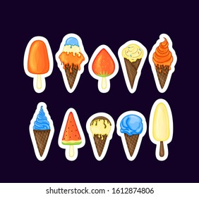 ice cream set in cute cartoon style. Vector illustration isolated on white background.