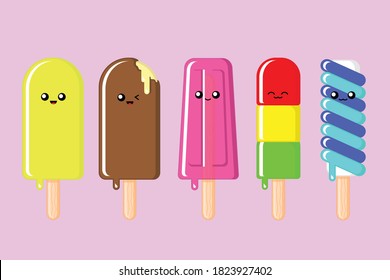 Ice Cream Set Cute Cartoon Vector Illustration Isolated Pink Background.