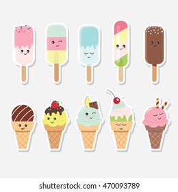 Ice cream set. Cute cartoon characters. Paper cutout stickers.