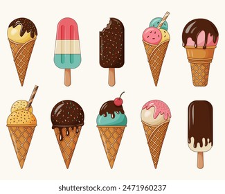 Ice cream set with dark outline isolated on white background