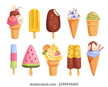 Ice cream set. Delicious icons of chocolate, strawberry, vanilla and cream cold dessert. Stickers with cone, waffle cup and popsicle. Cartoon flat vector collection isolated on white background