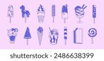 Ice cream set. Different cold desserts: sorbet balls in waffle cone, popsicle, gelato. Summer snack with frozen milk, fruit. Delicious icecream. Outline monochrome isolated vector illustrations