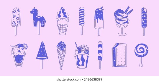 Ice cream set. Different cold desserts: sorbet balls in waffle cone, popsicle, gelato. Summer snack with frozen milk, fruit. Delicious icecream. Outline monochrome isolated vector illustrations