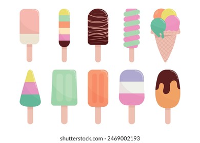 Juego de helados. Helado con diferentes sabores, cono y paleta. Vector.