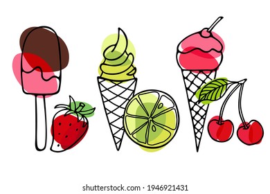 Ice Cream set. Different ice screm types. Hand drawn sketch with red, pink, green backdrop. Delicious frozen dessert. Bright summertime sweet food. Vector doodle for cafe menu, t-shirt, wallart.