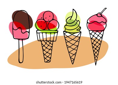 Ice Cream set. Different ice screm types. Hand drawn sketch. Delicious frozen dessert. Bright summertime sweet food. Vector doodle for cafe menu, t-shirt, wallart.