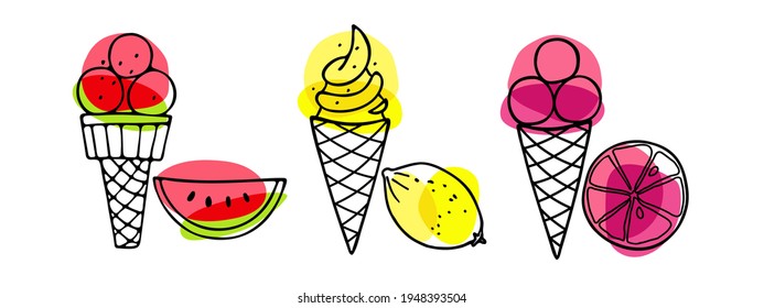  Ice Cream set. Different ice screm types. Hand drawn sketch with watermelon, lemon, grapefruit. Delicious frozen dessert. Bright summertime sweet food. Vector doodle for cafe menu, t-shirt, wallart.