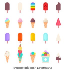 Ice cream set of different shapes and colors. Vector cartoon flat illustration isolated on a white background.