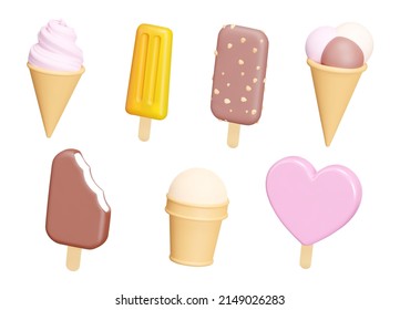 Ice cream set. Different types of ice cream in various shapes. three-dimensional icons. Isolated 3d object on a transparent background