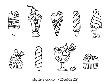 Ice Cream Set. Different Ice Cream Types: Cone, Sundae, Gelato, Soft Serve, Stick, Bar, Scoops, Popsicle. Hand Drawn Vector Illustration In Doodle Style