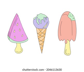 Ice cream set in doodle style, watermelon, popsicle and horn. Vector illustration with splash for prints, textile, stickers, posters, postcards, menu design, cafe interior.