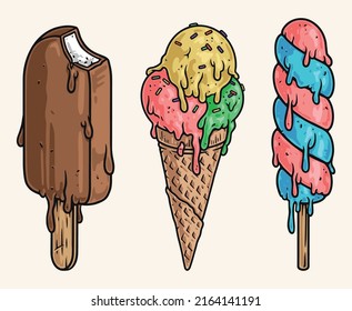 Ice cream set element colorful vintage portions with sweet cold dessert for children chocolate plumber and fruit flavor vector illustration