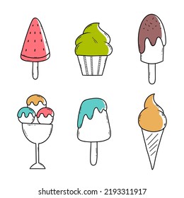 Ice cream. Set of elements for decoration of postcard. Vector doodle illustration. Sketch.