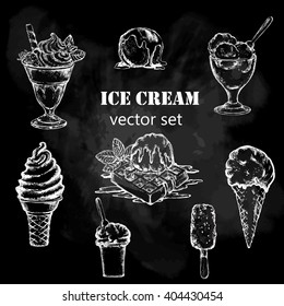 Ice cream set. Elements for the graphic design of the menu bars, restaurants, invitations, announcements. Chalkboard background.