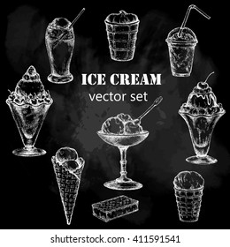 Ice cream set. Elements for the graphic design of the menu bars, restaurants, invitations, announcements. Chalkboard background.