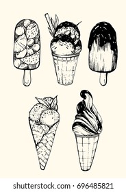 Ice cream set. Elements for the graphic design of menu for restaurants, cafe, cafeteria. Hand drawn.